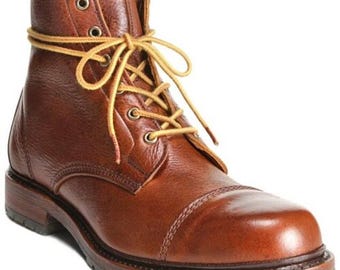 Handmade Brown Leather Cap Toe Boots: Rugged Lace-Up Ankle Boots