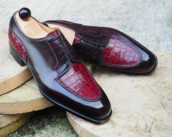 Handmade Burgundy Oxford Shoes: Crocodile Embossed Genuine Leather