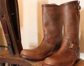 Handgemaakte bruine leren ingenieurslaarzen voor heren | Vintage motorlaarzen | Op maat gemaakte leren Goodyear-laarzen
