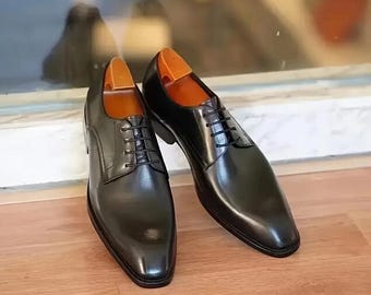 Handmade Black Leather Derby Shoes for Men – Classic Lace-Up Dress Shoes