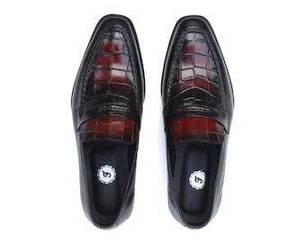 Handmade Men’s Crocodile Embossed Leather Loafers | Classic Slip-On Shoes with Dual-Tone Finish