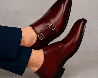 Chaussures en cuir à double boucle pour hommes faites main | Chaussures de ville bordeaux pour tenues formelles et décontractées