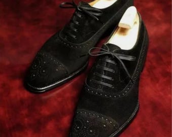 Handmade Black Suede Oxford Shoes: Wingtip Brogue Dress Shoes
