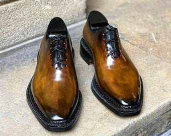 Handmade Patina Oxford Dress Shoes for Men – Burnished Brown Leather Formal Footwear