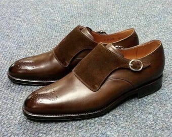 Handmade Brown Leather & Suede Monk Strap Wingtip Oxford Dress Shoes