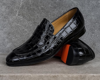 Handmade Crocodile Print Loafers: Black Faux Leather Slip-Ons