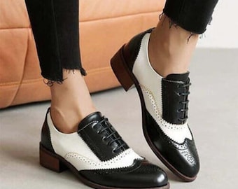 Handgefertigte Damen Leder Oxford Schuhe - Zweifarbige Wingtip Brogues