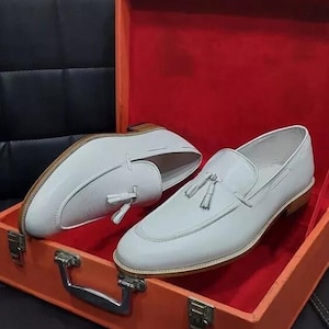Handmade Men’s White Leather Tassel Loafers | Custom Slip-On Dress Shoes | Luxury Formal & Party Footwear