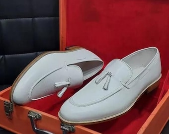 Handmade Men’s White Leather Tassel Loafers | Custom Slip-On Dress Shoes | Luxury Formal & Party Footwear