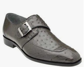 Handmade Men's Grey Ostrich Leather Monk Strap Shoes | Classic Dress Shoes | Elegant Formal Footwear