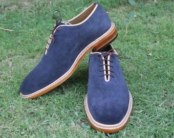 Zapatos Oxford de ante azul marino hechos a mano: zapatos de vestir con suela de cuero para hombre