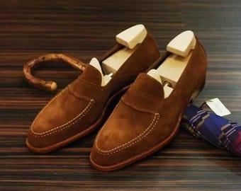 Handmade Brown Suede Penny Loafers: Men's Classic Slip-On Shoes