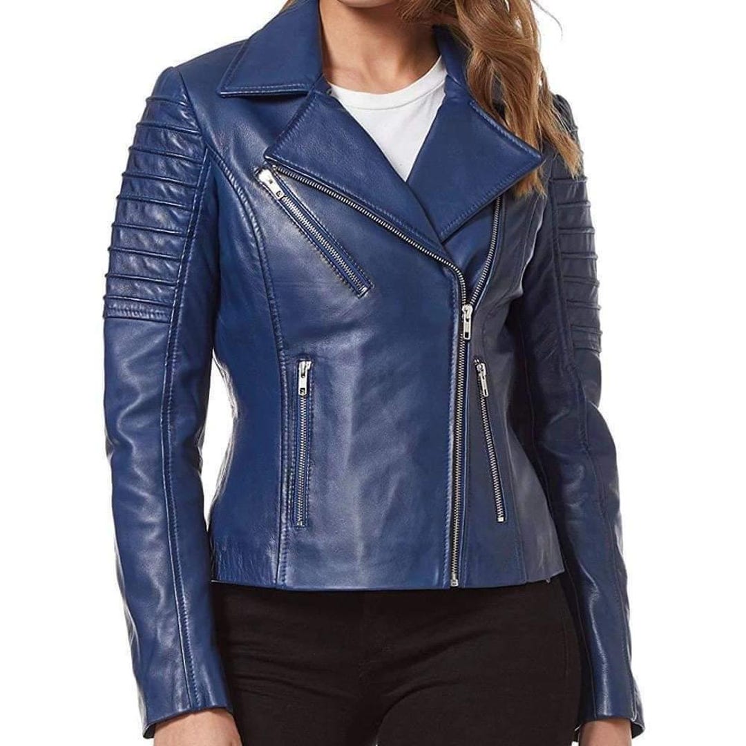 Handmade Women's Blue Moto Leather Jacket – Quilted Shoulder Biker
