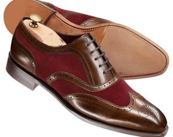 Handgemaakte tweekleurige Oxford-brogues voor heren – geklede schoenen van bruin leer en bordeauxrood suède