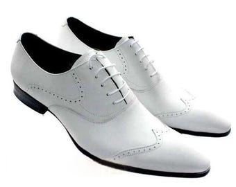 Handmade White Leather Wingtip Oxford Shoes - Formal Wedding Dress Shoes