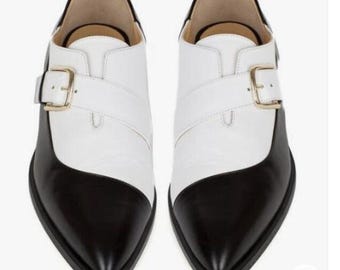 Handmade Two-Tone Leather Monk Strap Shoes: Black & White Dress Shoes