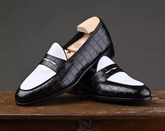 Handmade Men’s Black & White Patent Leather Loafers – Luxury Croc-Embossed Two-Tone Slip-On Dress Shoes