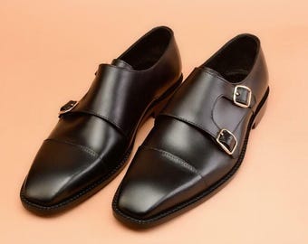Handmade Black Double Monk Strap Shoes for Men | Genuine Leather Formal & Business Dress Shoes