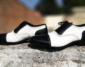 Handmade Men's Two-Tone Oxford Shoes | Black & White Wingtip Brogues | Vintage Leather Formal Shoes