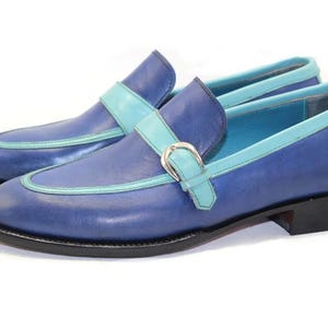 Handmade Two-Tone Blue Leather Loafers for Men | Luxury Buckle Dress Shoes | Formal Slip-Ons | Statement Fashion Footwear