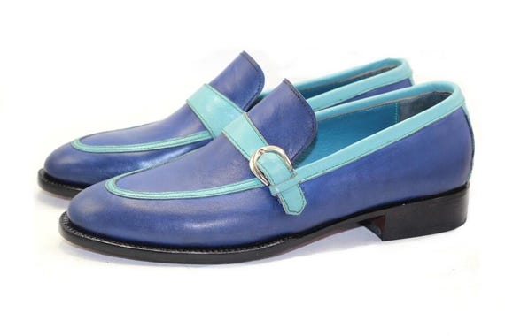 Handmade Two-Tone Blue Leather Loafers: Buckle Dress Shoes