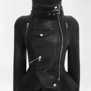 Handmade Women&#39;s Black Leather Biker Jacket – High Neck Buckle Moto Coat, Fitted Stylish Outerwear