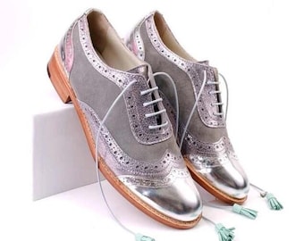 Handmade Silver & Grey Leather Oxford Shoes: Wingtip Brogues
