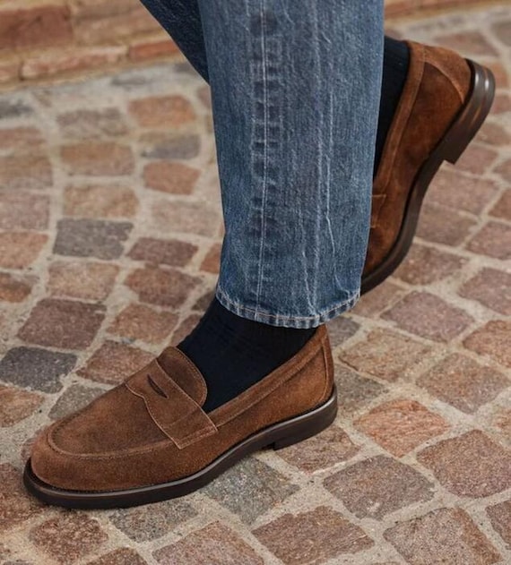 Handmade Suede Penny Loafers: Men's Brown Leather Slip-On Dress Shoes
