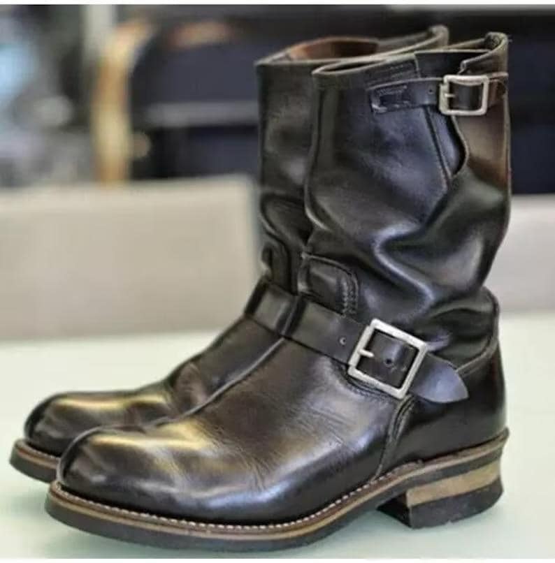 Handgemaakte zwarte leren herenlaarzen – halfhoge bikerboots met gesp, Goodyear-randconstructie