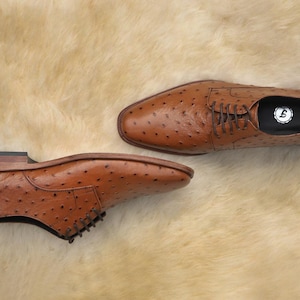 May include: A pair of brown leather dress shoes with a textured ostrich pattern. The shoes have a classic lace-up design and a rounded toe. The shoes are displayed on a light brown, textured surface.