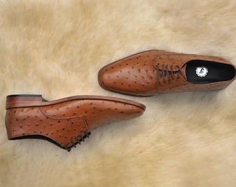 Handmade Tan Ostrich Leather Derby Shoes: Exotic Formal Footwear