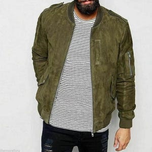 Handmade Olive Green Bomber Jacket – Men’s Suede Casual Streetwear