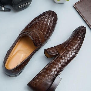 Handmade Brown Woven Leather Loafers | Men&#39;s Italian Style Dress Shoes | Luxury Slip-On Formal Shoes