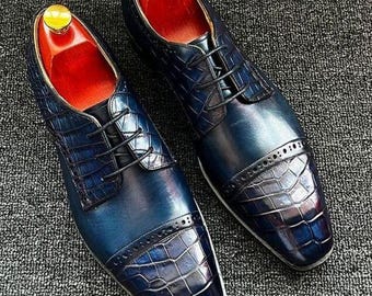 Handmade Crocodile Embossed Leather Oxford Shoes: Navy Blue Dress Shoes
