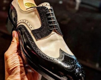 Handmade Two-Tone Leather Oxford Shoes for Men – Black & Cream White Wingtip Brogues Formal Shoes
