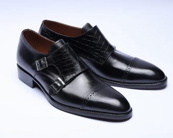 Handmade Black Leather Double Monk Strap Shoes: Croc Print Dress Shoes