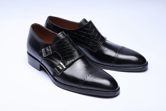 Handmade Black Leather Double Monk Strap Shoes: Croc Print Dress Shoes
