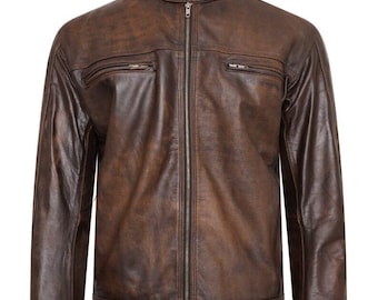Handmade Brown Leather Jacket for Men | Distressed Biker Style | Slim Fit Cafe Racer Look