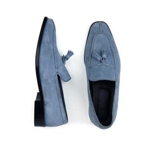 Handmade Men’s Blue Suede Tassel Loafers | Sophisticated Slip-On Shoes for Every Occasion