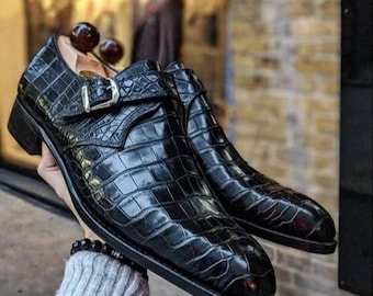 Handmade Luxury Men's Black Croc-Embossed Leather Monk Strap Shoes – Formal & Party Wear