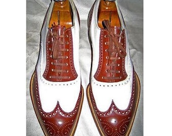 Handmade Vintage Two-Tone Spectator Brogue Shoes for Men – Stylish White & Brown Wingtip Oxfords Shoes