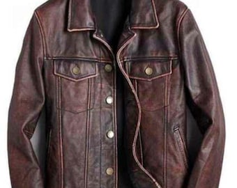 Ręcznie robiona męska brązowa skórzana kurtka typu trucker | Ręcznie robiona odzież wierzchnia w stylu vintage