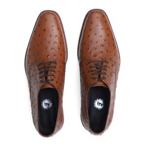 Pode incluir: Vista de cima de dois sapatos sociais de couro castanho com um padr&atilde;o de avestruz texturizado. Os sapatos t&ecirc;m atacadores castanhos escuros e um design Oxford cl&aacute;ssico. As solas s&atilde;o pretas com um log&oacute;tipo branco.