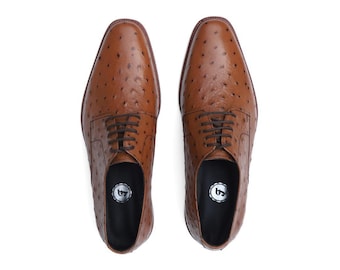 Handmade Tan Ostrich Leather Derby Shoes: Formal Bespoke Footwear