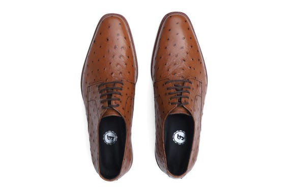Handmade Tan Ostrich Leather Derby Shoes: Formal Bespoke Footwear