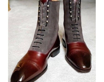 Handmade Two-Tone Leather and Suede Button Boots - Vintage Men's Formal Footwear
