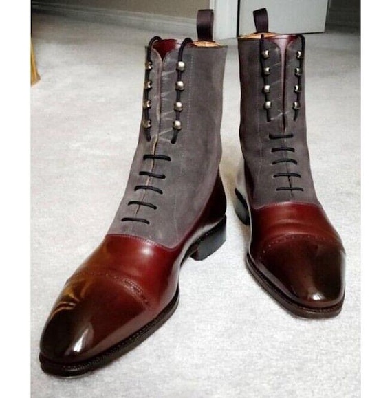 Handmade Two-Tone Leather and Suede Button Boots - Vintage Men's Formal Footwear