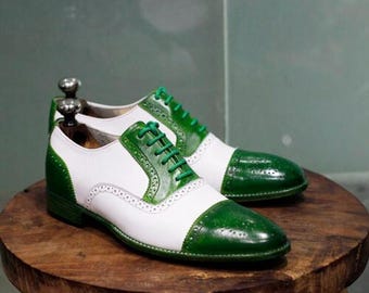 Handmade Two-Tone Green & White Leather Oxford Shoes – Stylish Brogue Dress Shoes for Men