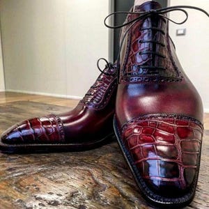 Handmade Burgundy Crocodile Embossed Oxfords | Men's Cap Toe Dress Shoes | Formal Luxury Leather Footwear