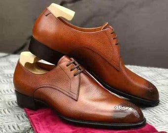 Handmade Brown Leather Derby Shoes: Brogue Dress Shoes